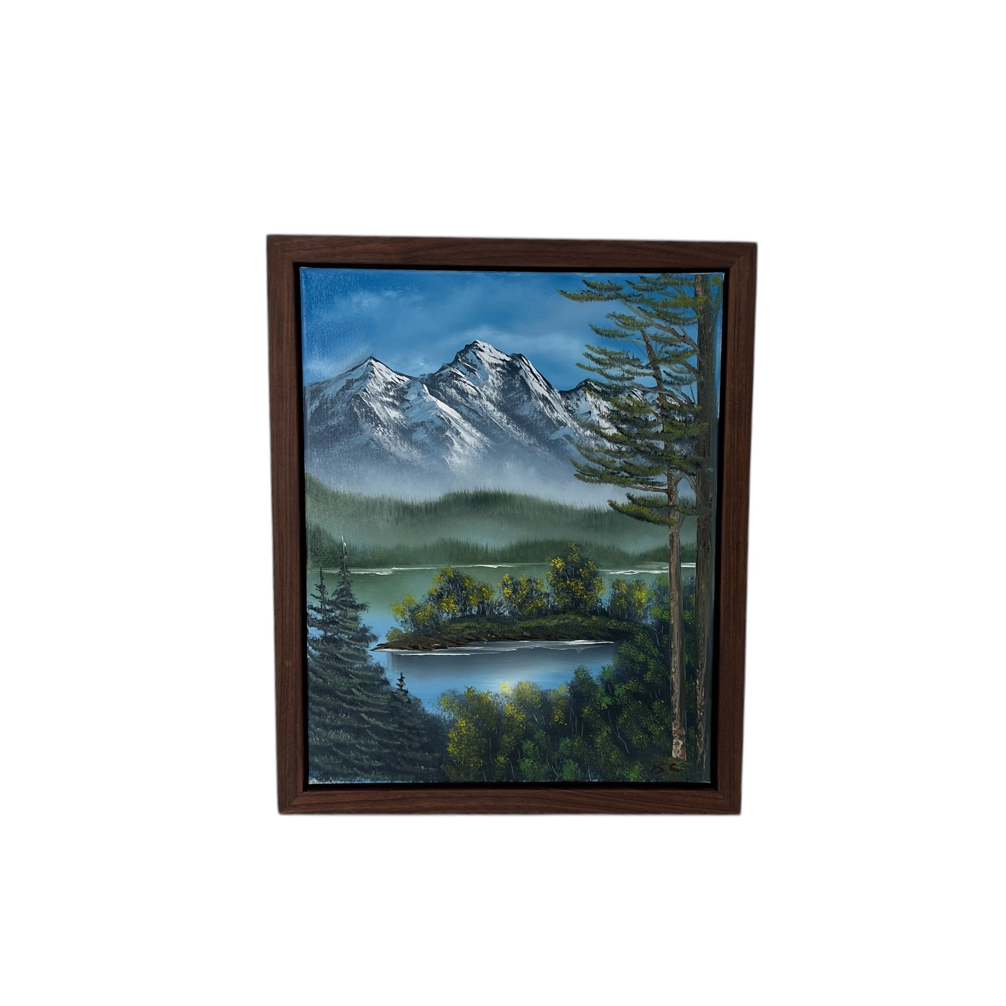 Original Oil Painting with Handmade Walnut Floater Frame| Nature Art with Mountains and Lake| Local Artist and Craftsman| Unique Gift| 16x20