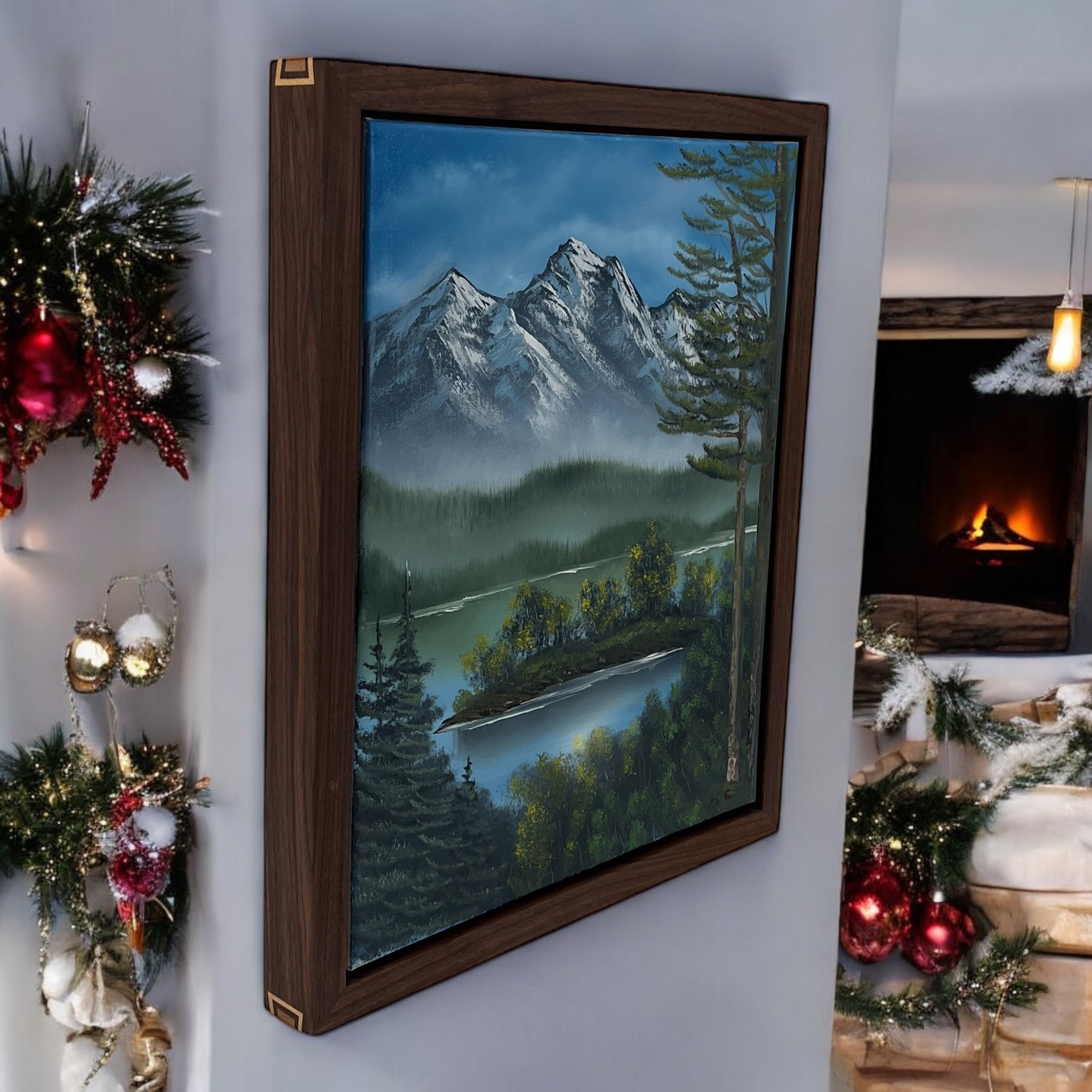 Original Oil Painting with Handmade Walnut Floater Frame| Nature Art with Mountains and Lake| Local Artist and Craftsman| Unique Gift| 16x20