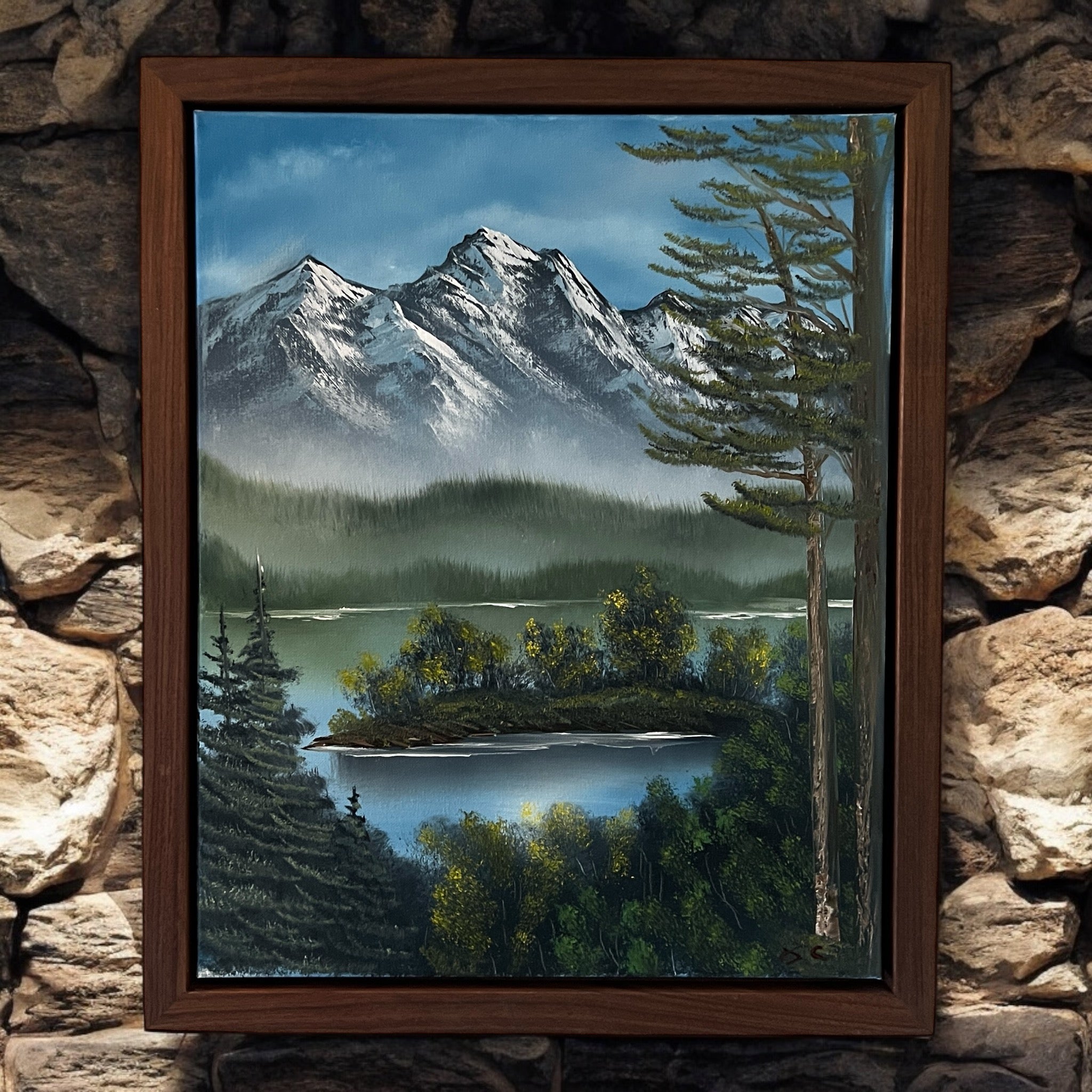 Original Oil Painting with Handmade Walnut Floater Frame| Nature Art with Mountains and Lake| Local Artist and Craftsman| Unique Gift| 16x20