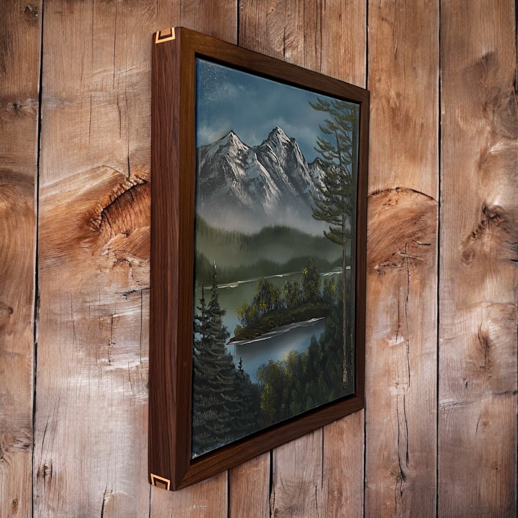 Original Oil Painting with Handmade Walnut Floater Frame| Nature Art with Mountains and Lake| Local Artist and Craftsman| Unique Gift| 16x20