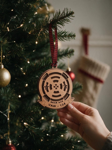 VAW-124 "Bear Aces" Wooden Navy Squadron Ornament | Walnut & Cherry | Handcrafted Military Keepsake