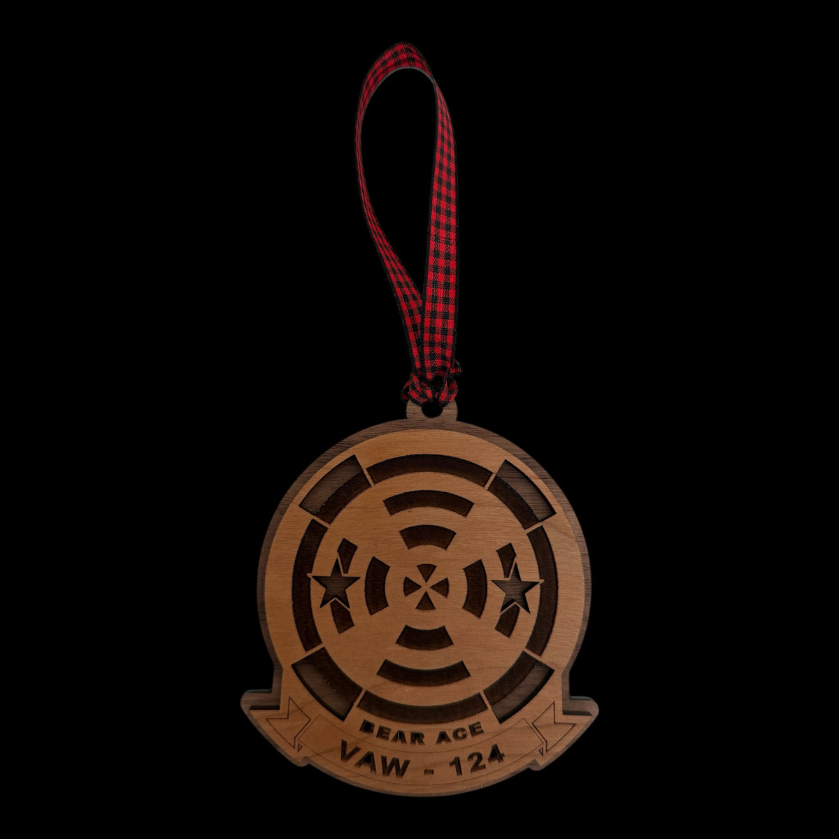 VAW-124 "Bear Aces" Wooden Navy Squadron Ornament | Walnut & Cherry | Handcrafted Military Keepsake