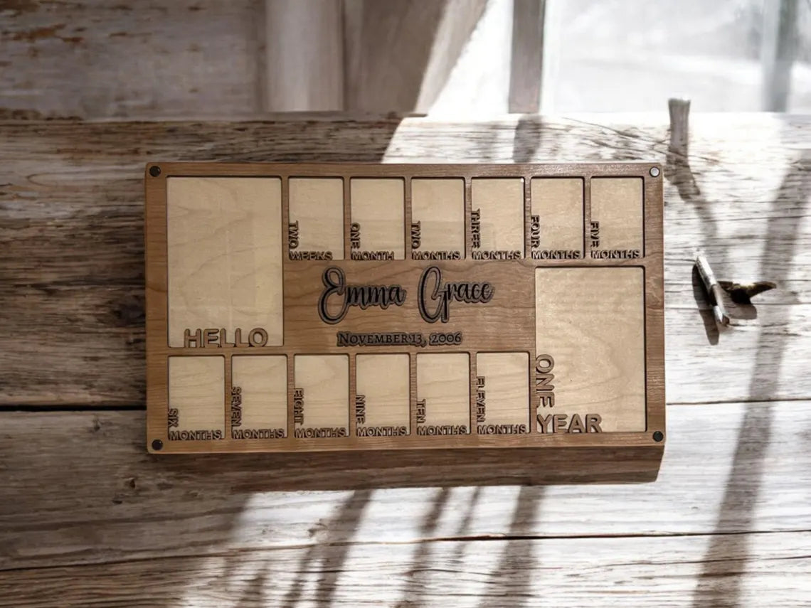 Personalized Baby First Year Photo Frame| Handmade Cherry, Walnut| Newborn to One Year Picture Display| Baby Shower Gift, Expecting Parents