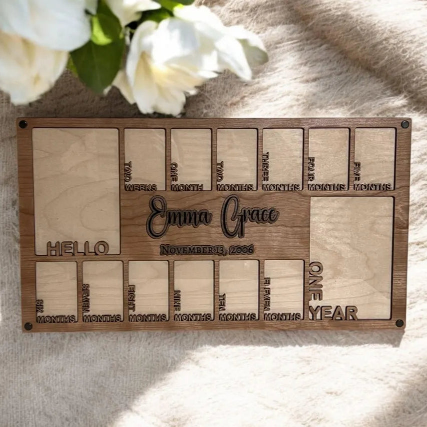 Personalized Baby First Year Photo Frame| Handmade Cherry, Walnut| Newborn to One Year Picture Display| Baby Shower Gift, Expecting Parents