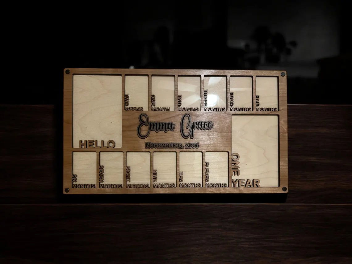 Personalized Baby First Year Photo Frame| Handmade Cherry, Walnut| Newborn to One Year Picture Display| Baby Shower Gift, Expecting Parents