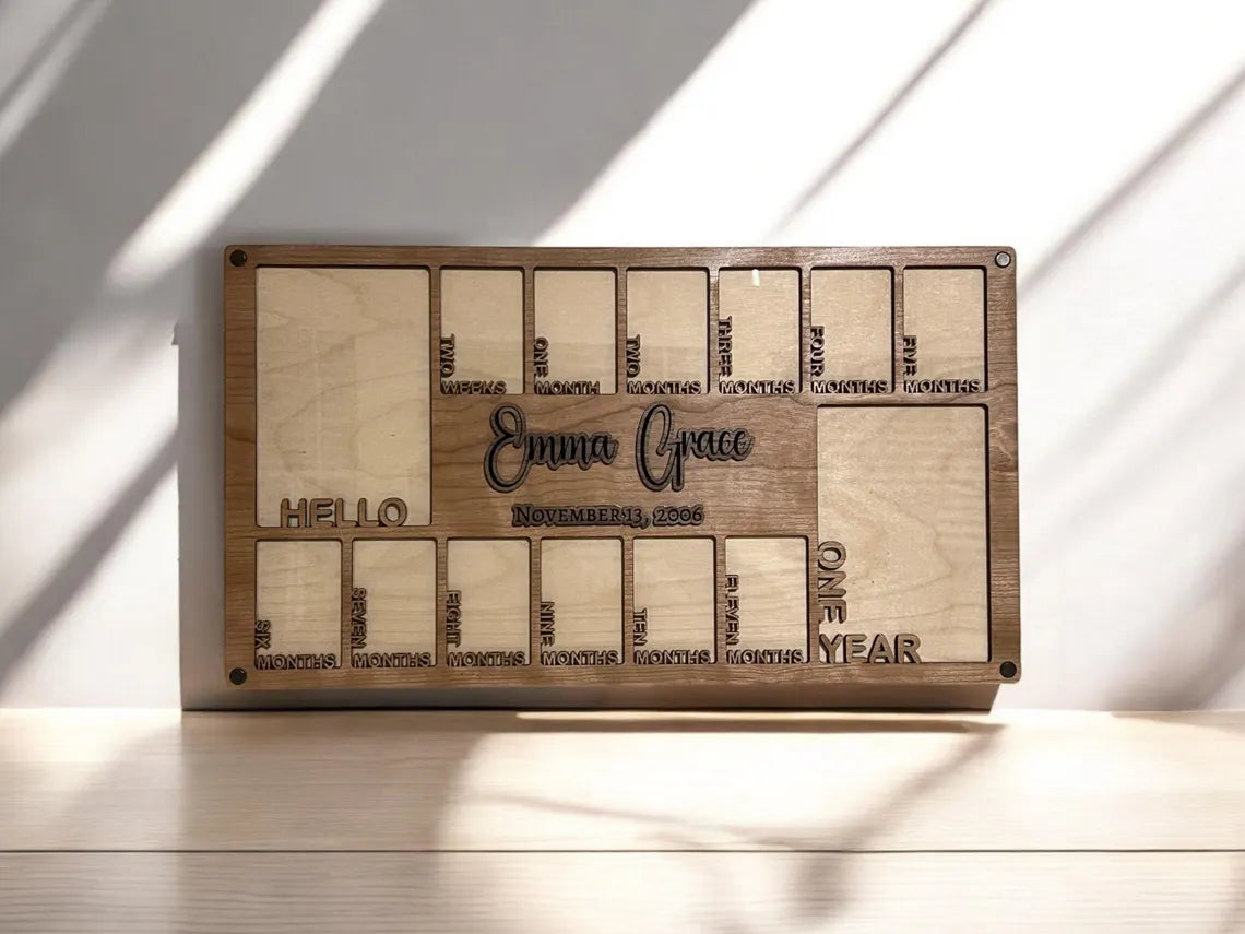 Personalized Baby First Year Photo Frame| Handmade Cherry, Walnut| Newborn to One Year Picture Display| Baby Shower Gift, Expecting Parents