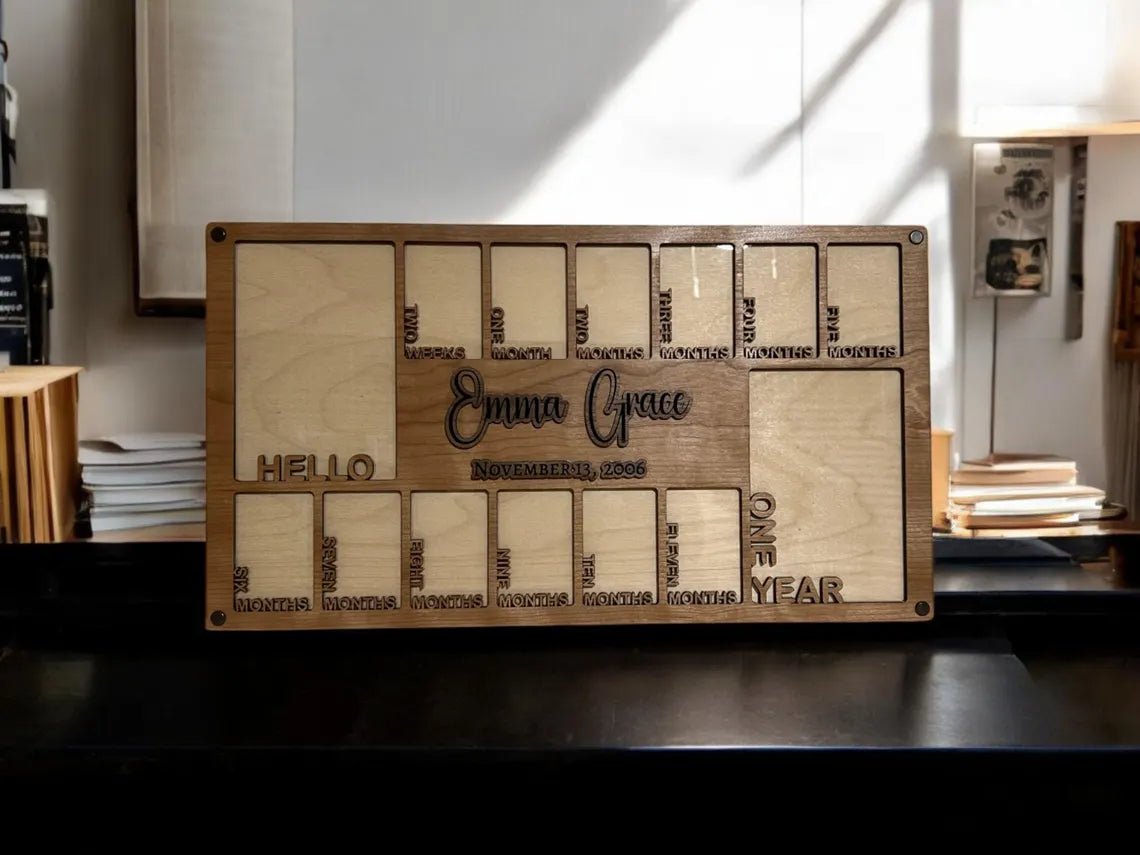 Personalized Baby First Year Photo Frame| Handmade Cherry, Walnut| Newborn to One Year Picture Display| Baby Shower Gift, Expecting Parents