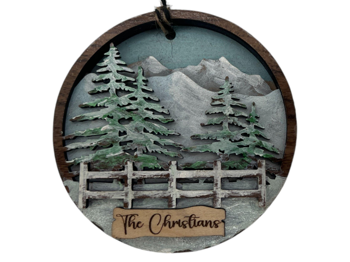 Personalized Handmade and Handpainted Wood Ornament| Perfect Keepsake Gift for Weddings, Anniversaries, or Holidays| Rustic Mountain Scene