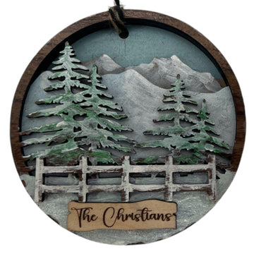 Personalized Handmade and Handpainted Wood Ornament| Perfect Keepsake Gift for Weddings, Anniversaries, or Holidays| Rustic Mountain Scene