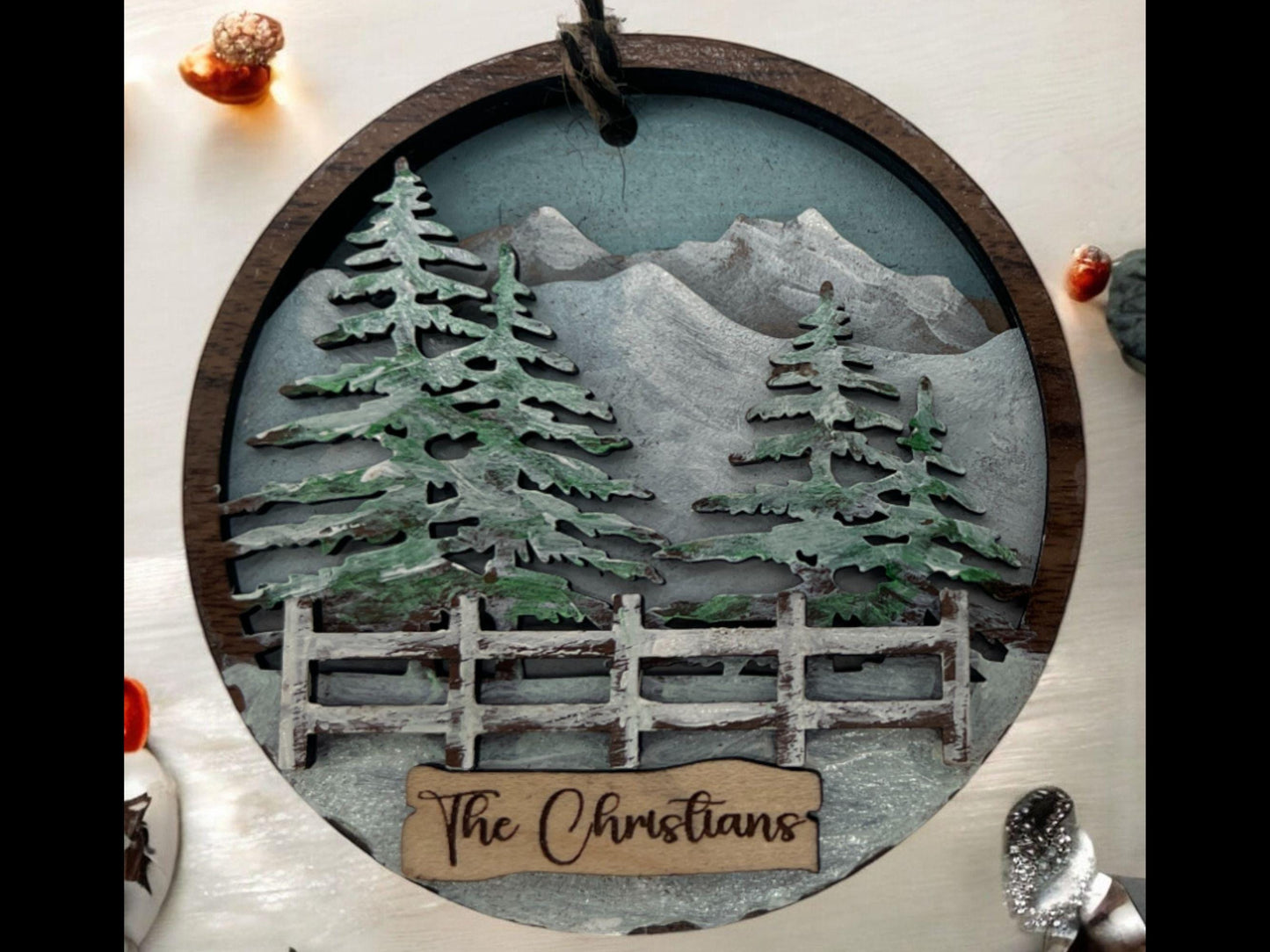 Personalized Handmade and Handpainted Wood Ornament| Perfect Keepsake Gift for Weddings, Anniversaries, or Holidays| Rustic Mountain Scene