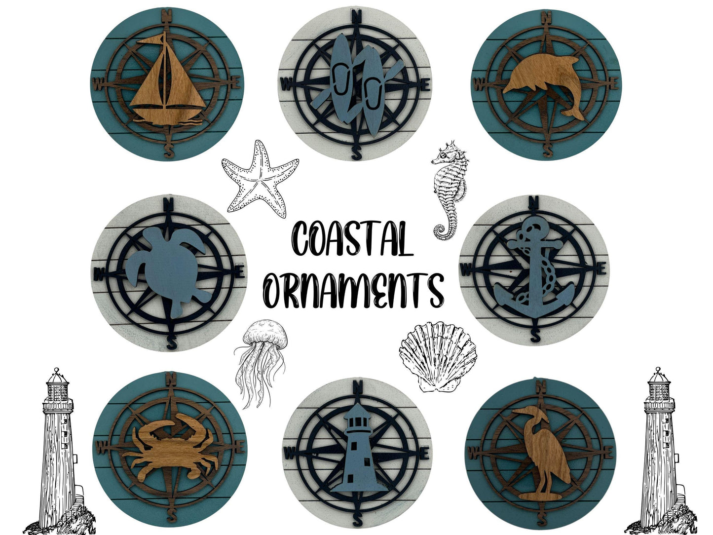 Handmade Coastal and Ocean-Themed Wood Ornaments| Gift for Beach and Sea Lover| Stocking Stuffer| Gift for coworker| Ocean Lover| Christmas