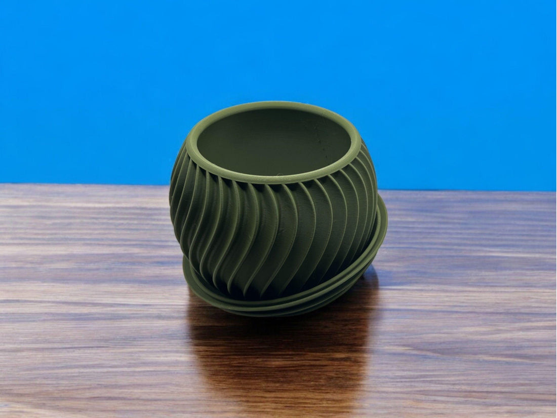 Modern Olive Green 3D Printed Planter with Drip Tray| 5.2" x 3.9" Spiral Pot| Indoor Succulent or Cactus Pot| PLA Eco-Friendly| Housewarming - Default Title