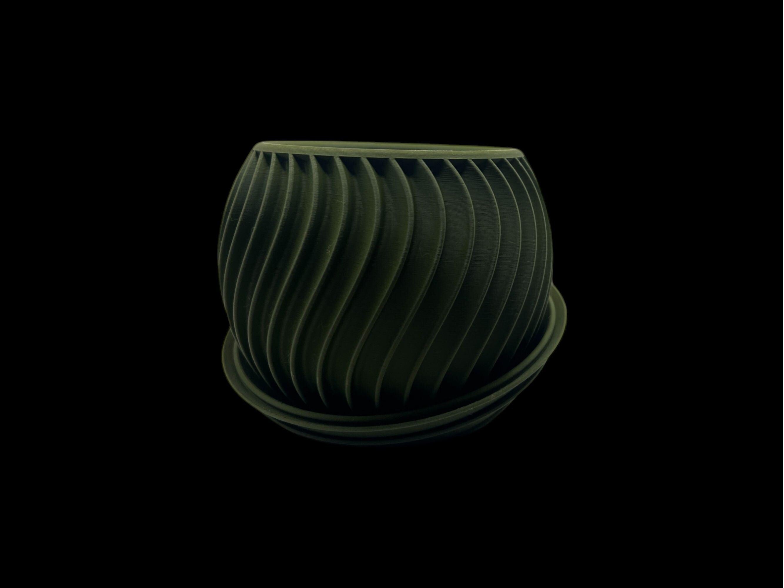 Modern Olive Green 3D Printed Planter with Drip Tray| 5.2" x 3.9" Spiral Pot| Indoor Succulent or Cactus Pot| PLA Eco-Friendly| Housewarming