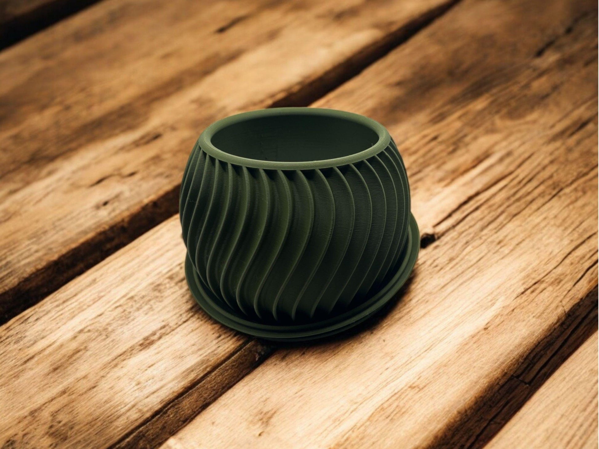 Modern Olive Green 3D Printed Planter with Drip Tray| 5.2" x 3.9" Spiral Pot| Indoor Succulent or Cactus Pot| PLA Eco-Friendly| Housewarming