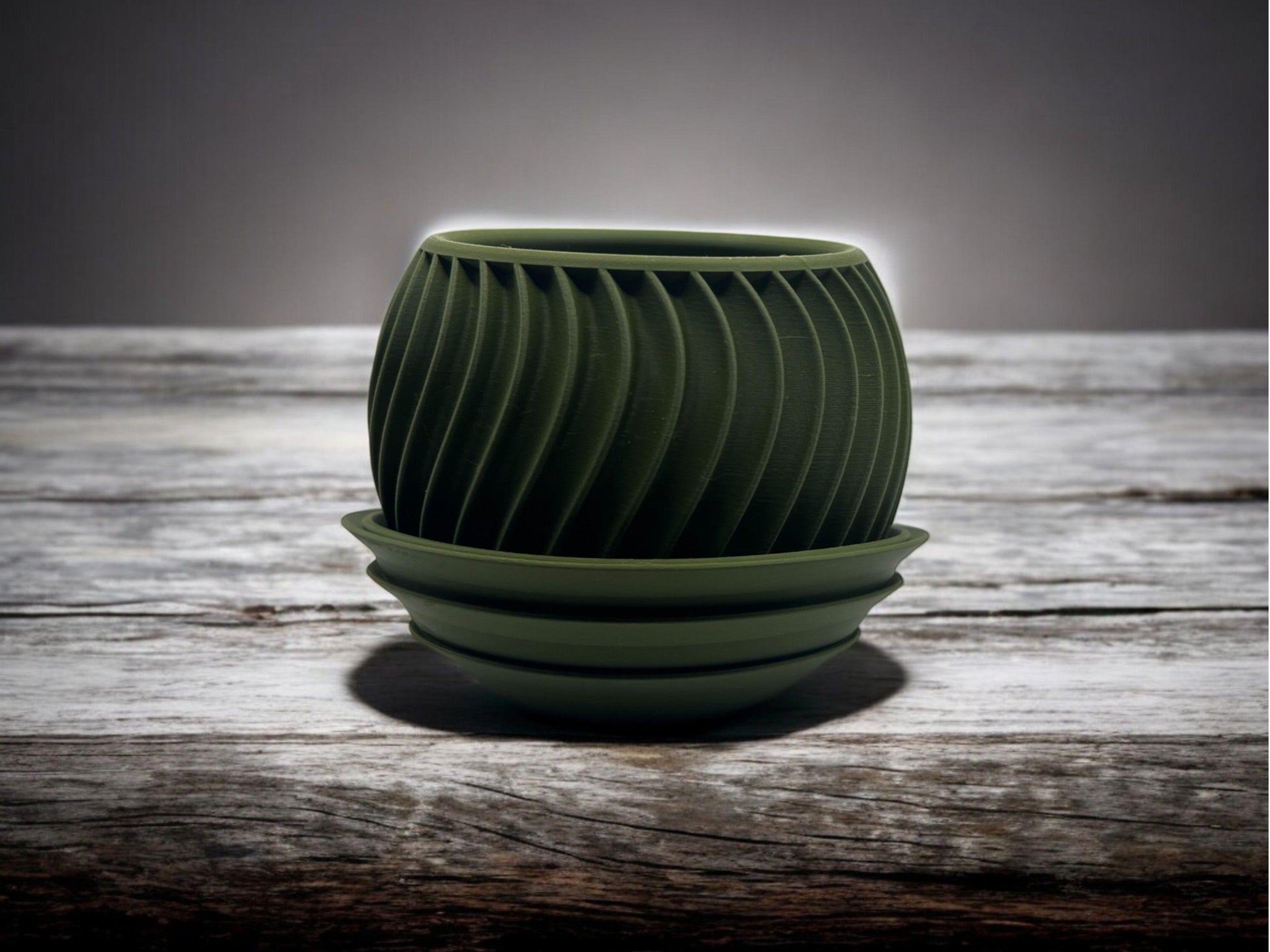 Modern Olive Green 3D Printed Planter with Drip Tray| 5.2" x 3.9" Spiral Pot| Indoor Succulent or Cactus Pot| PLA Eco-Friendly| Housewarming
