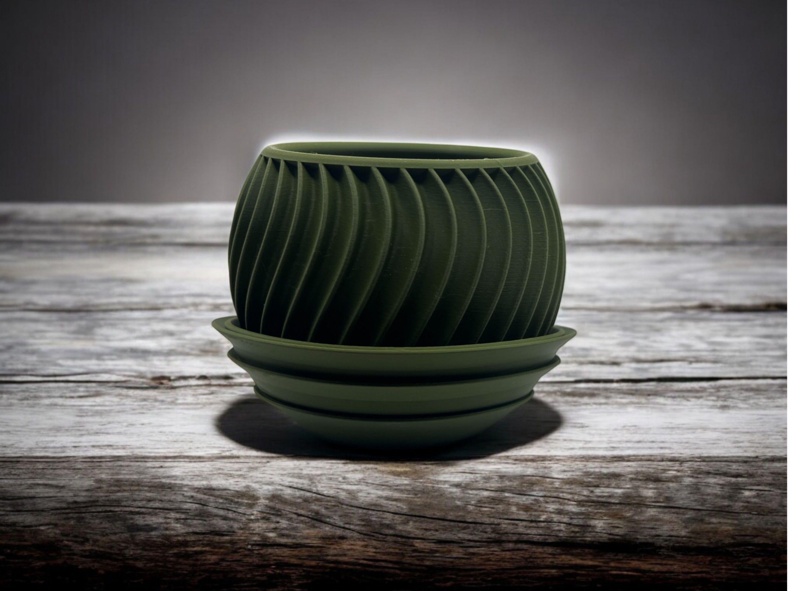 Modern Olive Green 3D Printed Planter with Drip Tray| 5.2" x 3.9" Spiral Pot| Indoor Succulent or Cactus Pot| PLA Eco-Friendly| Housewarming