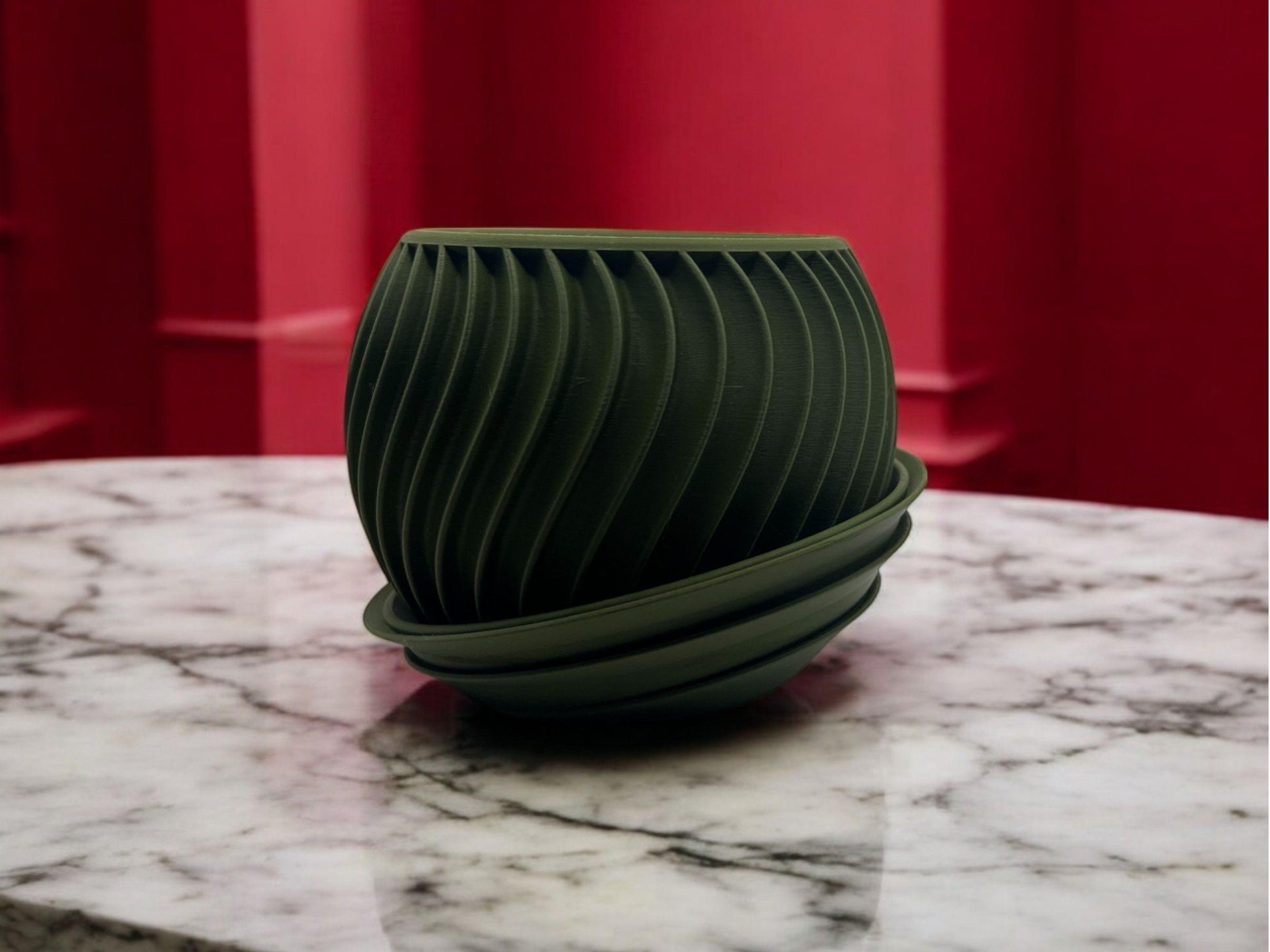 Modern Olive Green 3D Printed Planter with Drip Tray| 5.2" x 3.9" Spiral Pot| Indoor Succulent or Cactus Pot| PLA Eco-Friendly| Housewarming