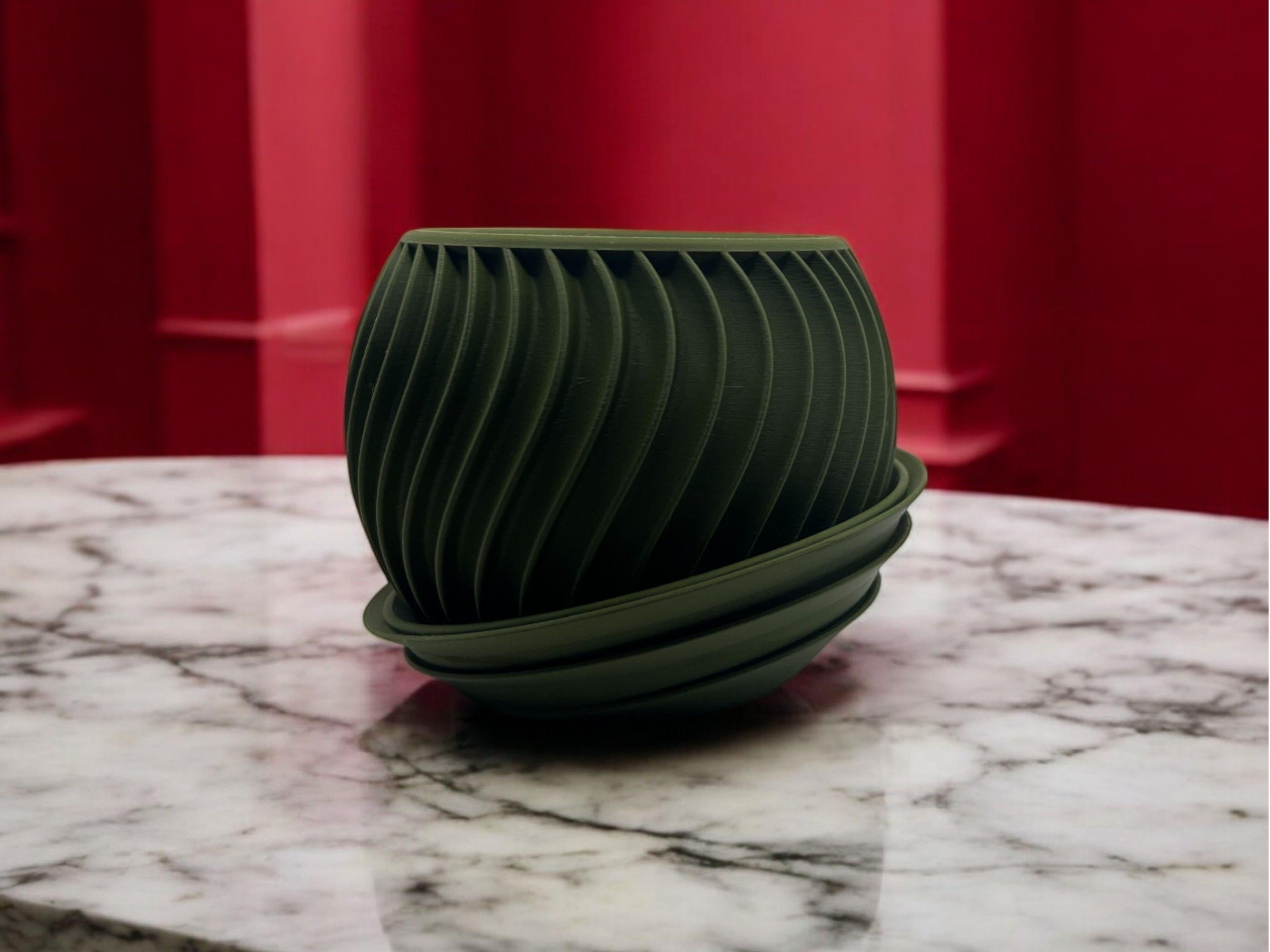 Modern Olive Green 3D Printed Planter with Drip Tray| 5.2" x 3.9" Spiral Pot| Indoor Succulent or Cactus Pot| PLA Eco-Friendly| Housewarming