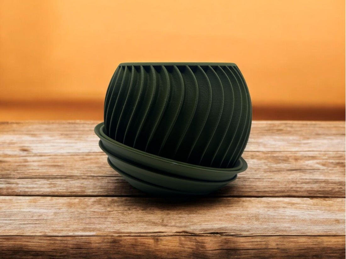 Modern Olive Green 3D Printed Planter with Drip Tray| 5.2" x 3.9" Spiral Pot| Indoor Succulent or Cactus Pot| PLA Eco-Friendly| Housewarming - Default Title