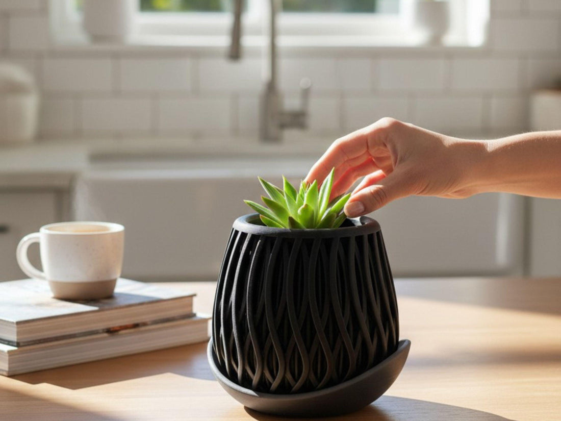 Modern 3D Printed Planter with Drip Plate | Eco-Friendly PLA Succulent Pot - Matte Black